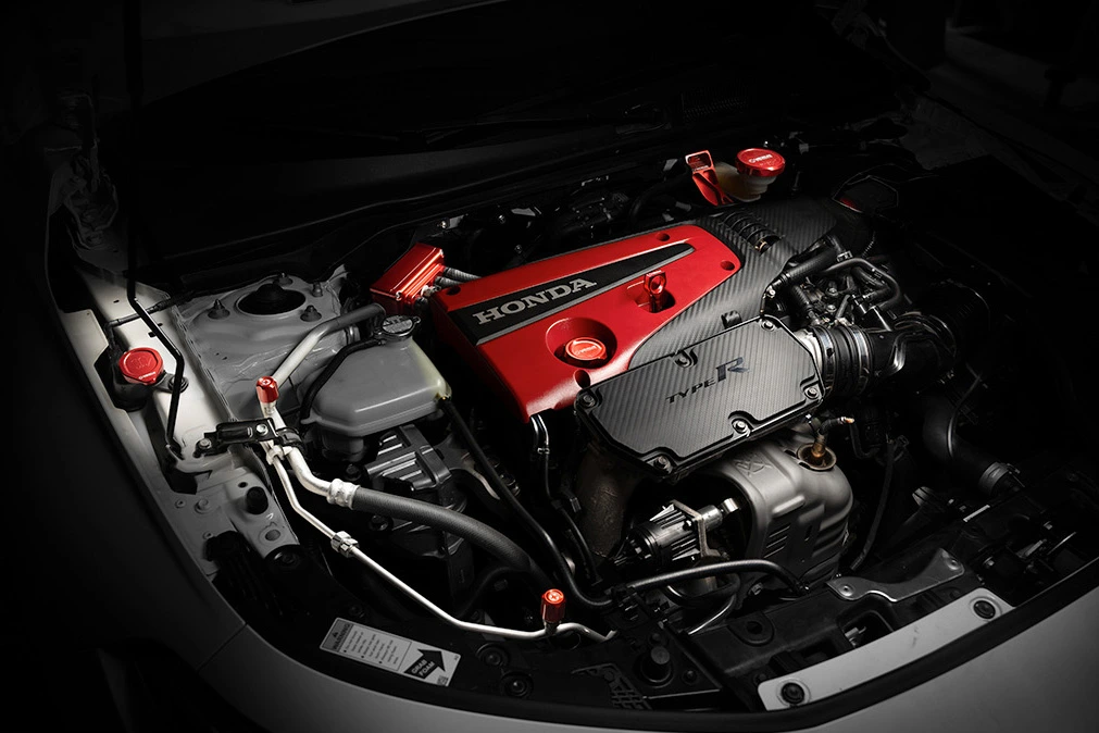 Under the hood of an FL5 Honda Civic with Verus engine bay accessories