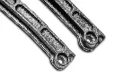 Pair of black powder-coated dogbone support plates, close-up